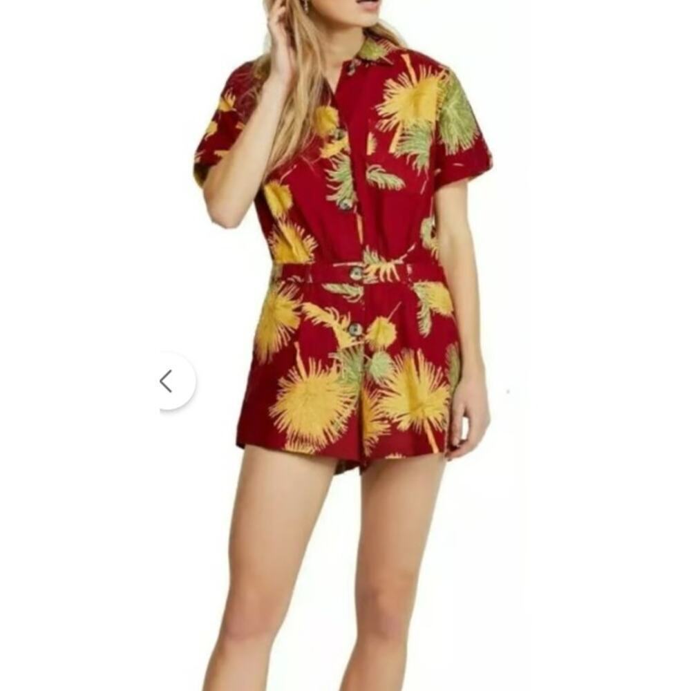 Free People Womens Cotton Malibu Romper XS Red Yellow Tropical Boho Beach